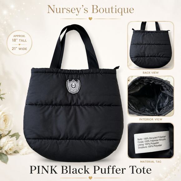 PINK Victoria's Secret Handbags - PINK Victoria’s Secret Black Quilted Puffer Tote Bag Crest Patch Travel Gym